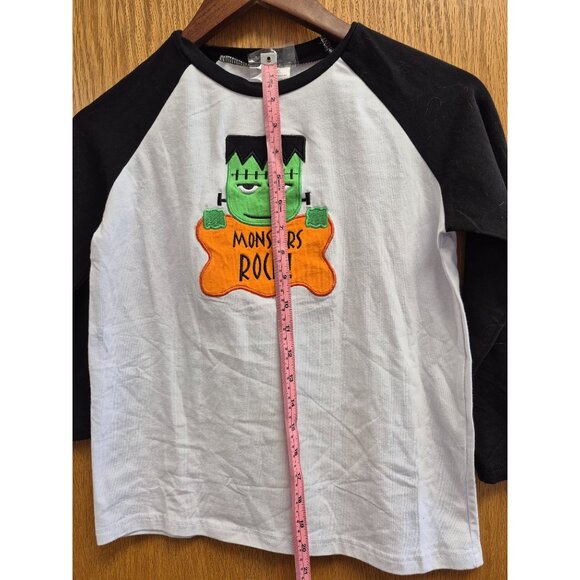 Kids Raglan Sleeve Tee With Embroidered "Monsters Rock!" Design - Black & White - Picture 3 of 4